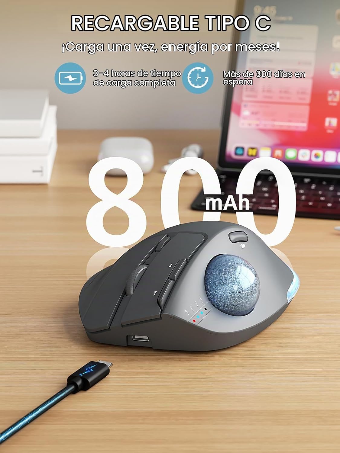 Ratón de Trackball inalámbrico, ángulo ajustable recargable, mouse...