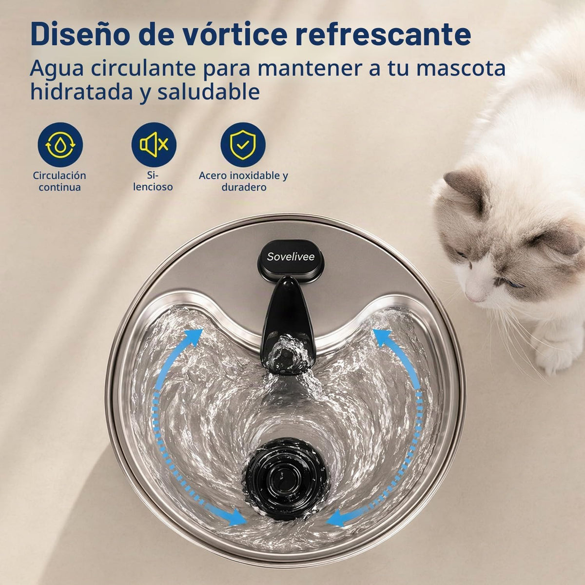 SOVELIVEE Fuente de agua para gatos de acero inoxidable 304, fuente...