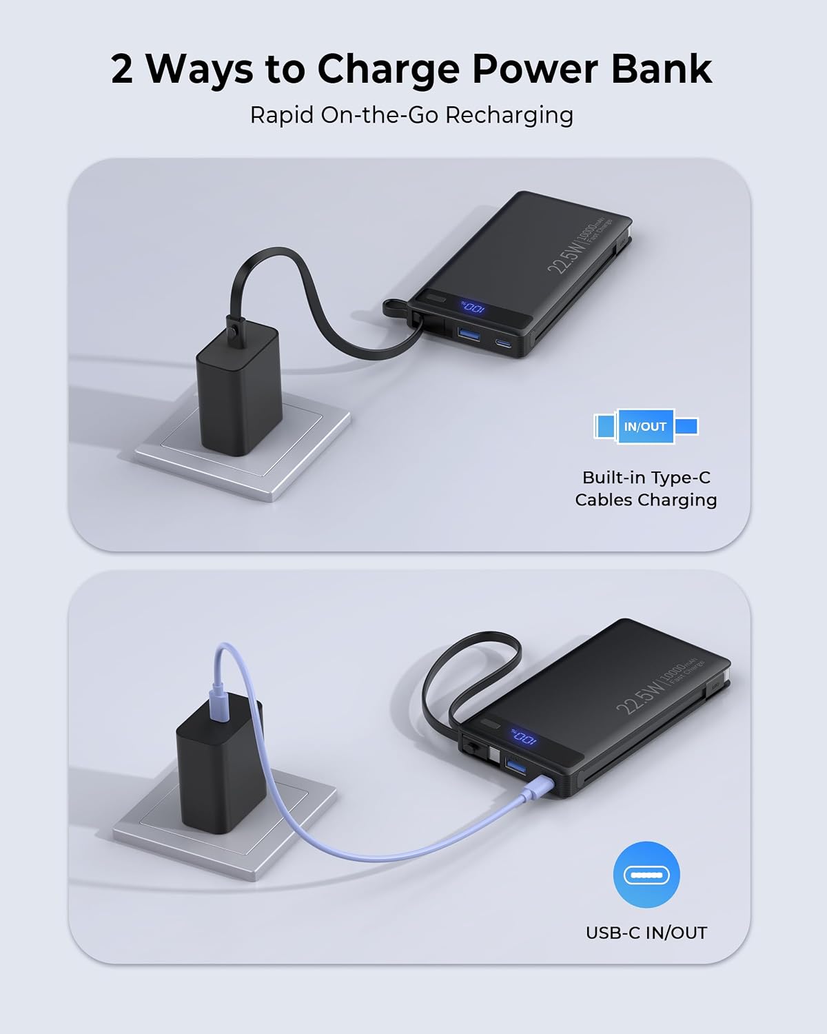 Banco de energía de 10000 mAh con 2 cables incorporados, cargador p...