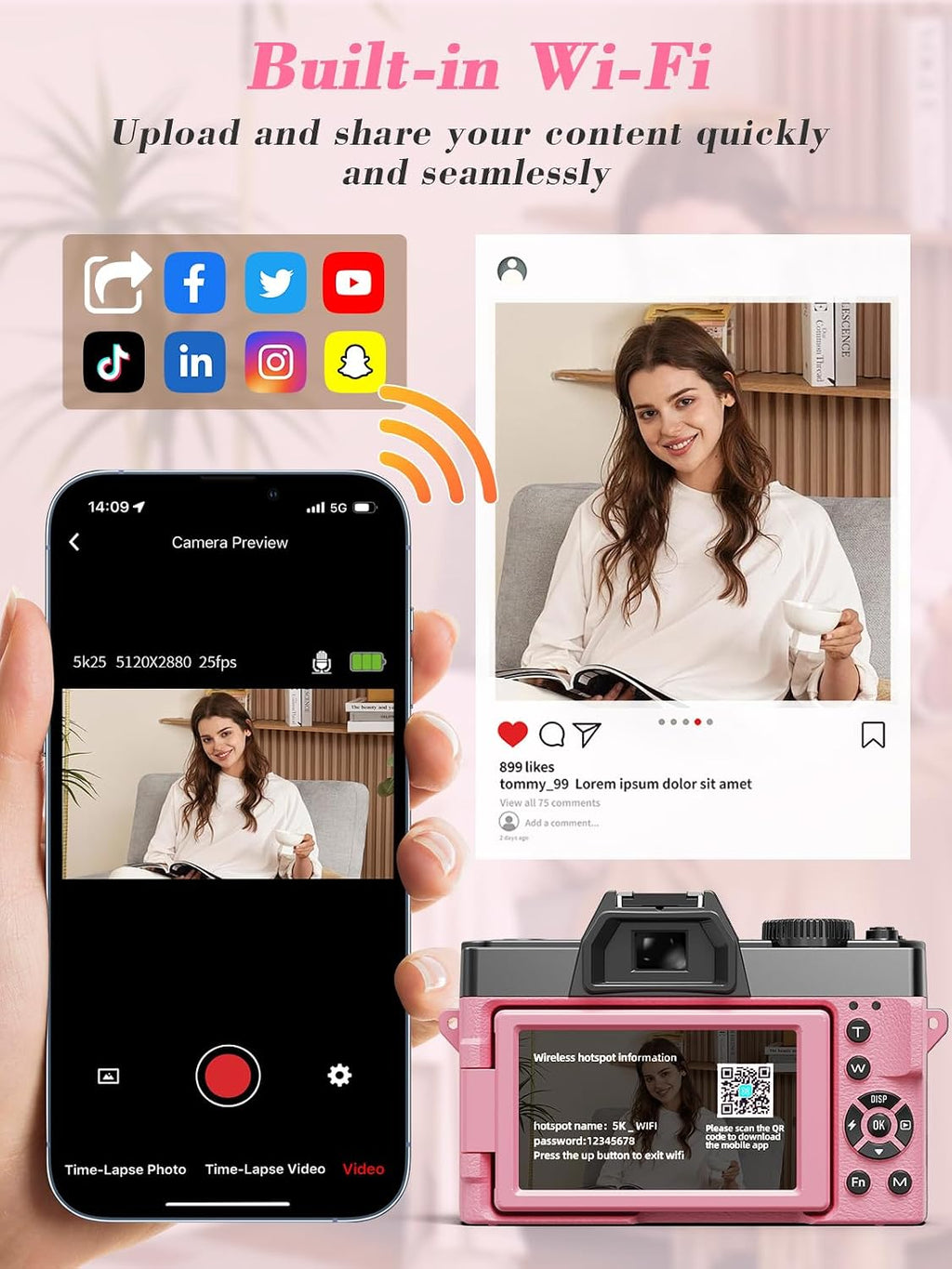 Cámara digital True 5K 64MP para fotografía (rosa intenso) | Enfoqu...