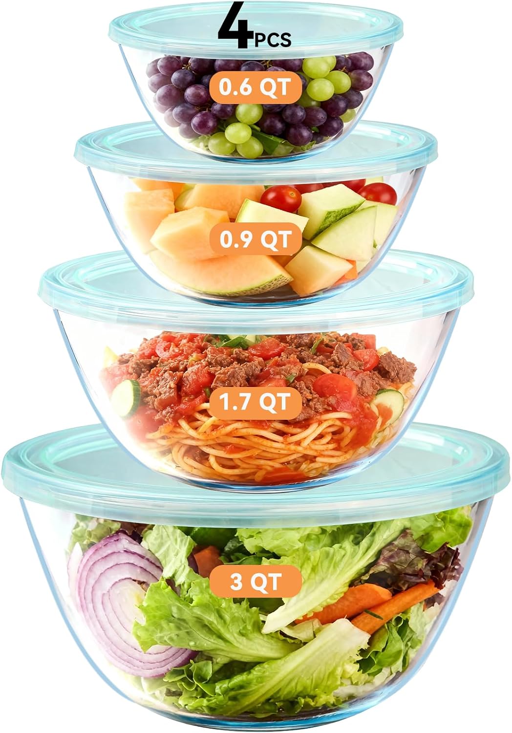 YUANYE Juego de 4 cuencos de vidrio para mezclar con tapas (3 cuart...