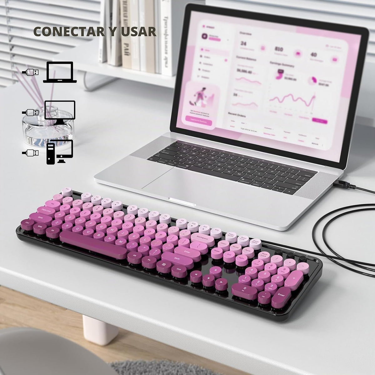 MOWUX - Teclado de computadora con cable, teclado USB retro redondo...