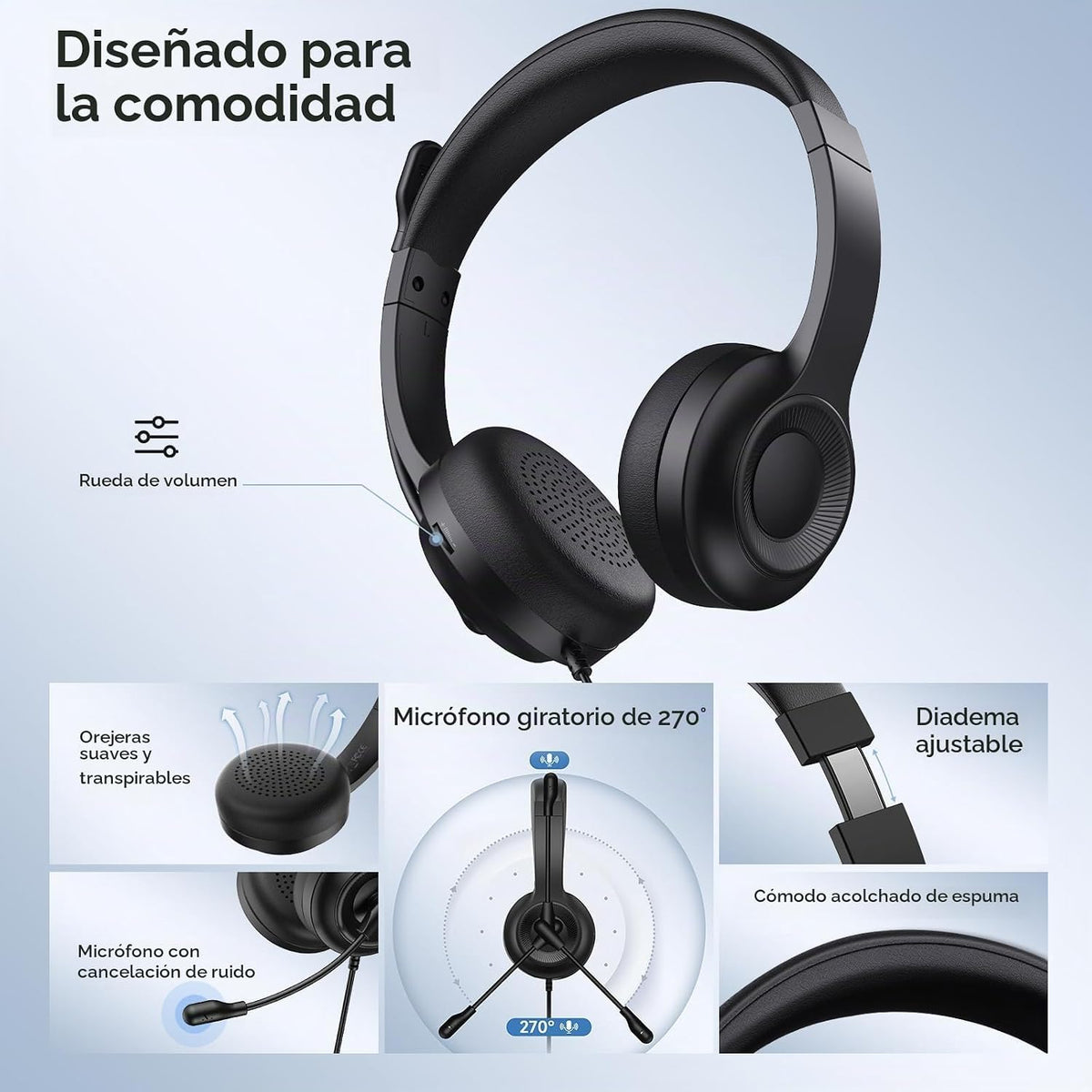 AOC Auriculares USB con micrófono para PC, auriculares con cable en...