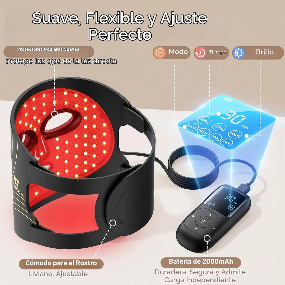 WAYCOM Máscara de terapia de luz roja para la cara: 850nm NIR LED |...