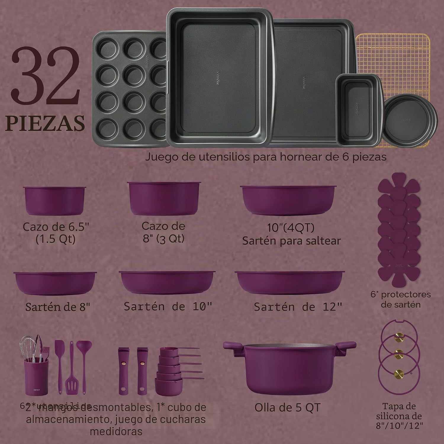 CAROTE Juego de ollas y sartenes antiadherentes de 32 piezas con mo...