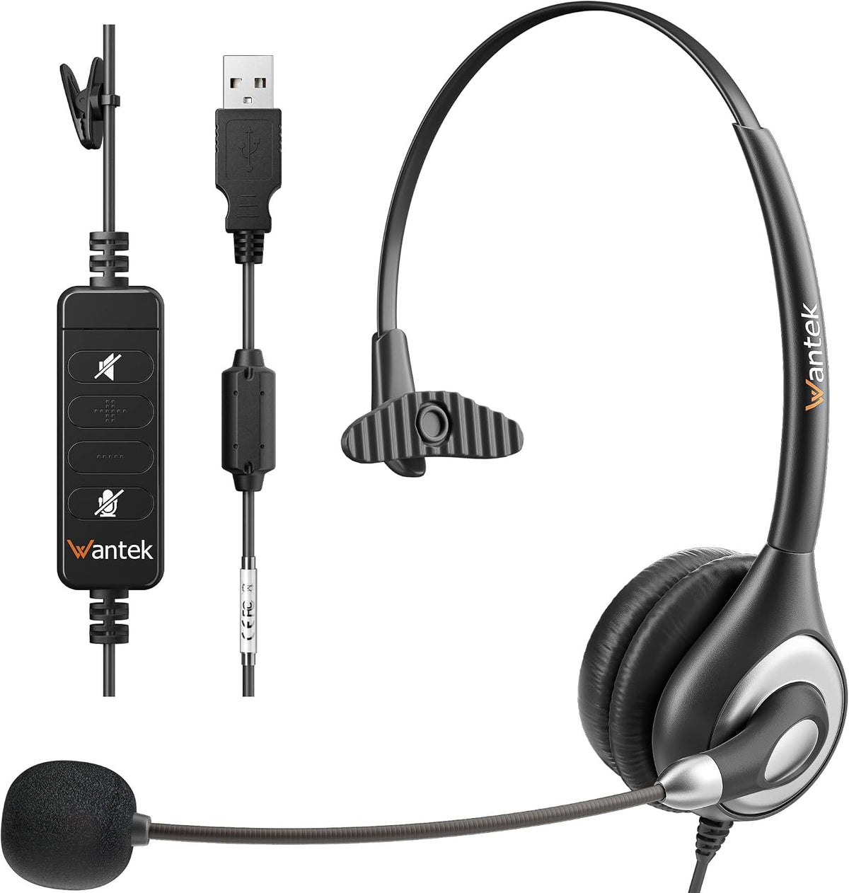 Wantek Auriculares USB con cable mono con micrófono de cancelación...