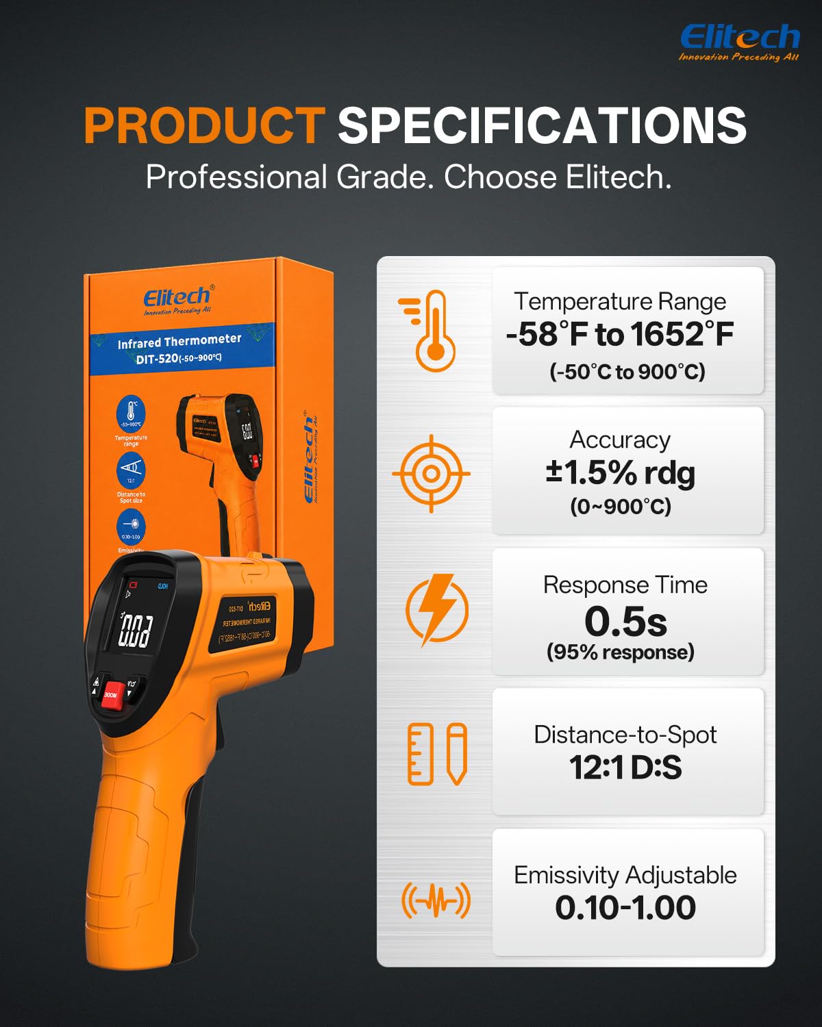 Elitech DIT\u2011520 Pistola de temperatura láser 1652 °F, 900 °C T...