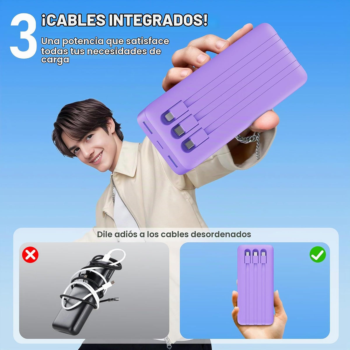 Cargador portátil de 50800 mAh con 3 cables integrados, 25 W PD QC4...