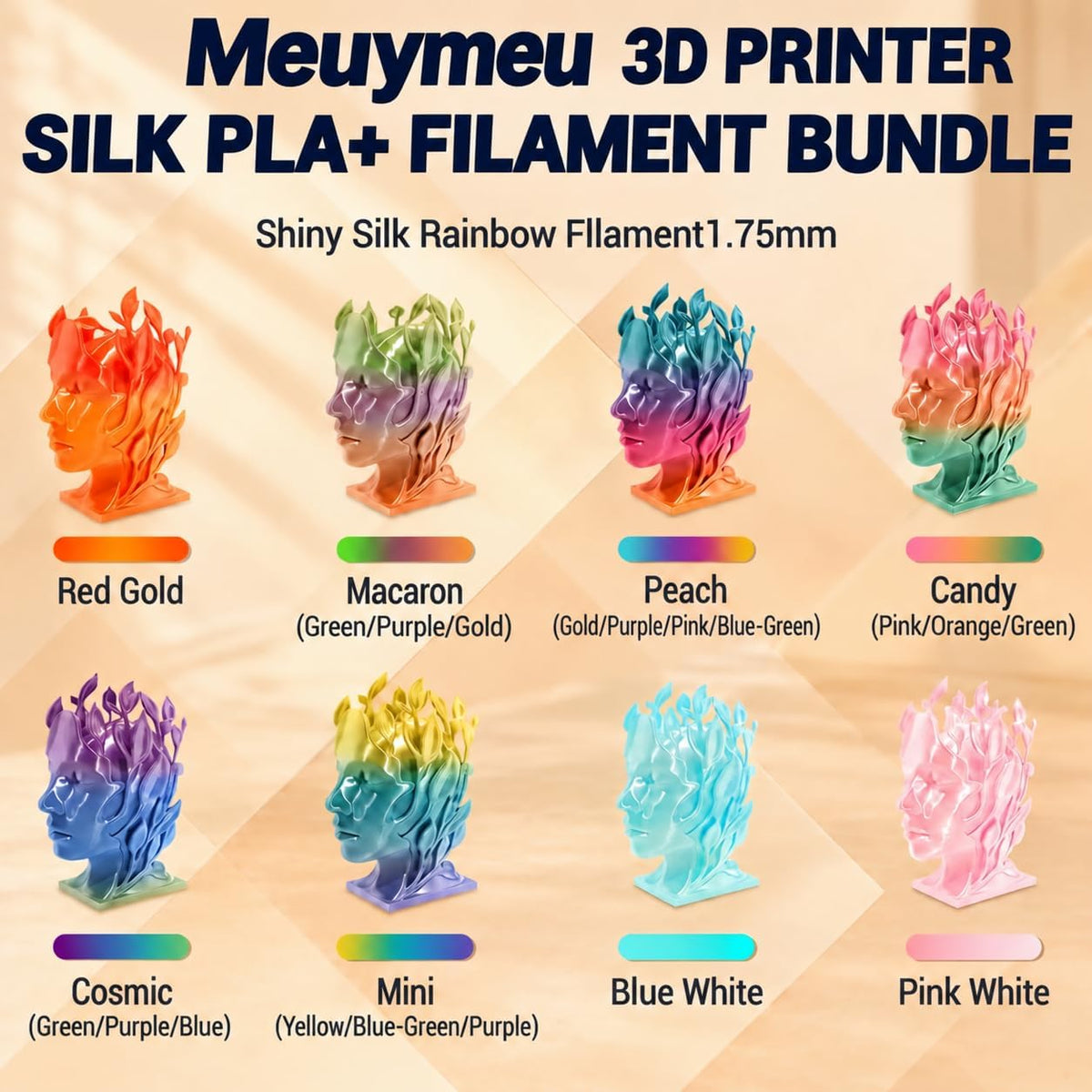 MEUYMEU Filamento PLA Silk Rainbow de 0.069 pulgadas, carretes de 8...