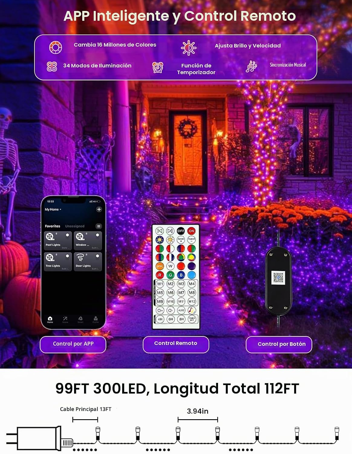 Cadena de luces de Halloween con cambio de color inteligente, 112 p...