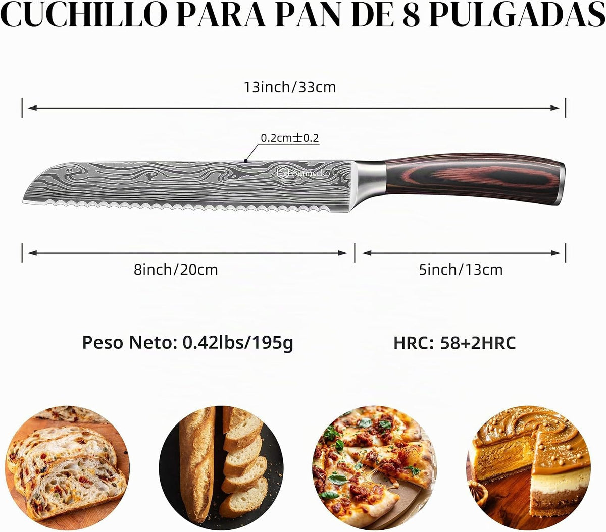 Sunnecko Cuchillo de pan de 8 pulgadas, cuchillo de pan dentado de...