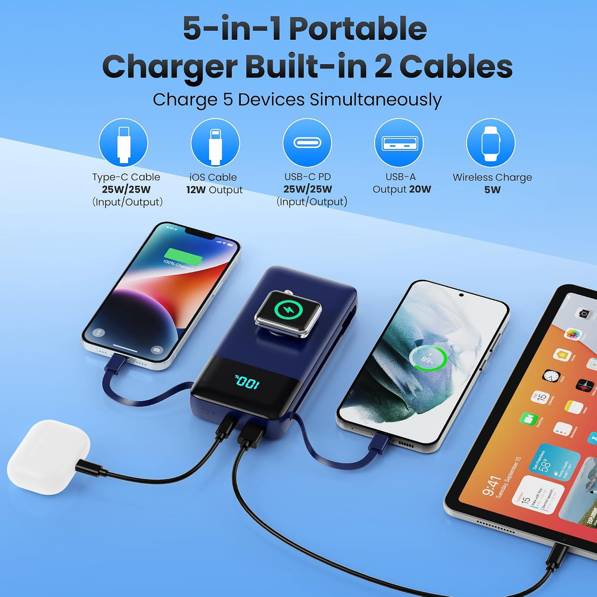 Cargador portátil de 40800 mAh con cables integrados, batería portá...