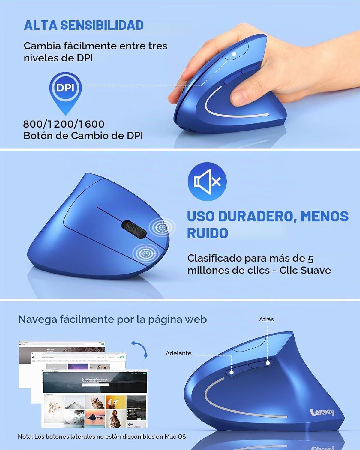 Lekvey Ratón ergonómico, recargable 2.4G USB vertical inalámbrico,...