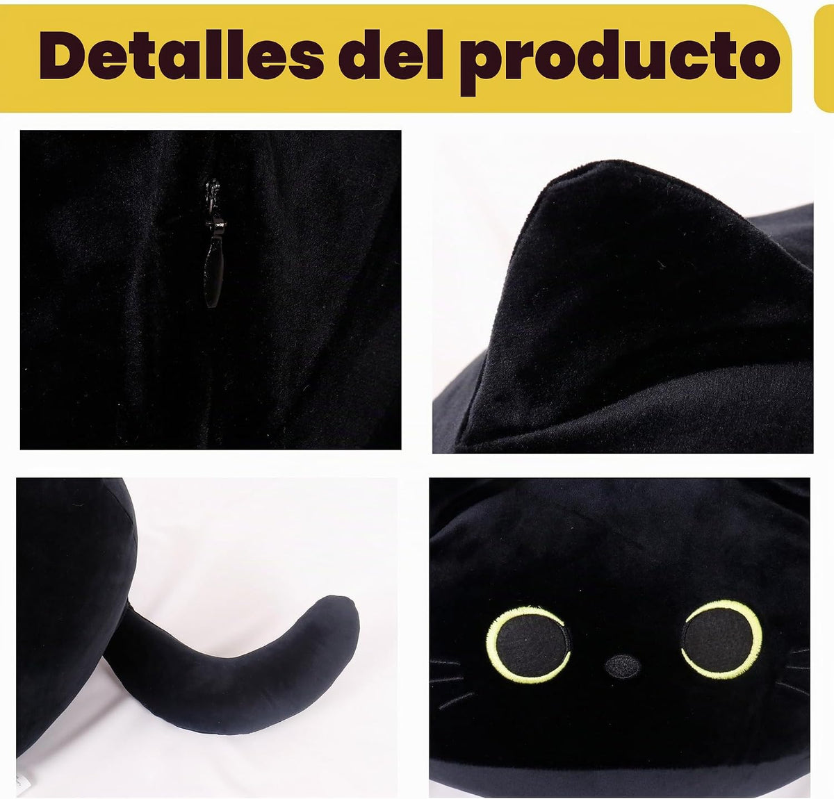 WeBingo Juego de 4 piezas de peluche de gato negro, almohada de pel...