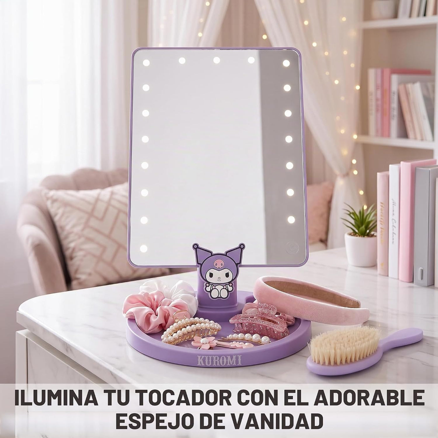 Get Trend Hello Kitty Kuromi Espejo de maquillaje para niñas con lu...