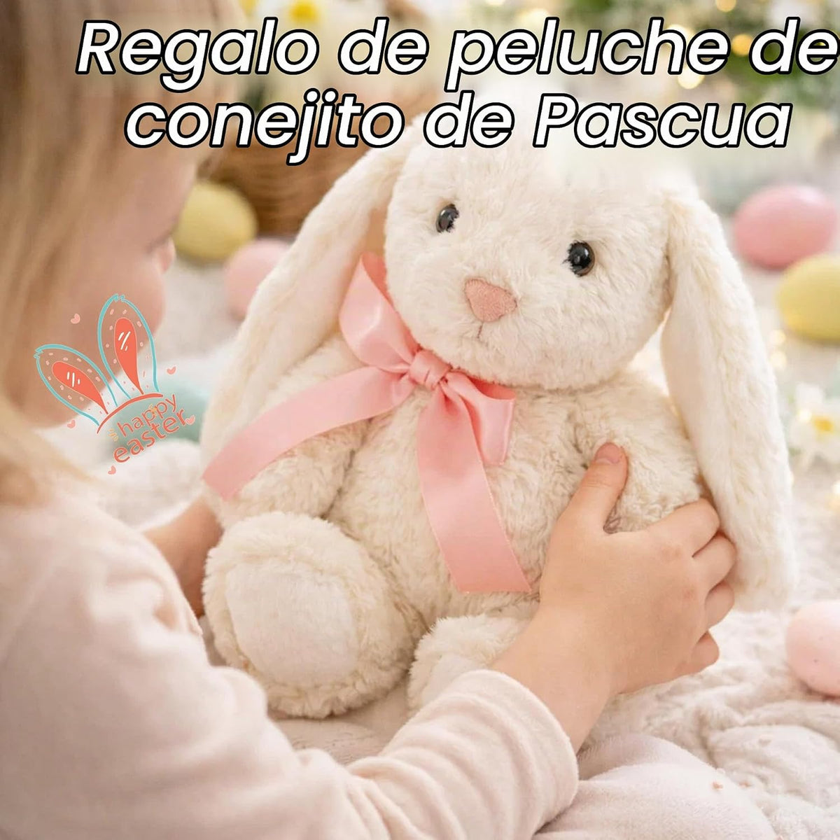 okegztoa Peluche de conejo color crema con lazo de cinta rosa y ore...