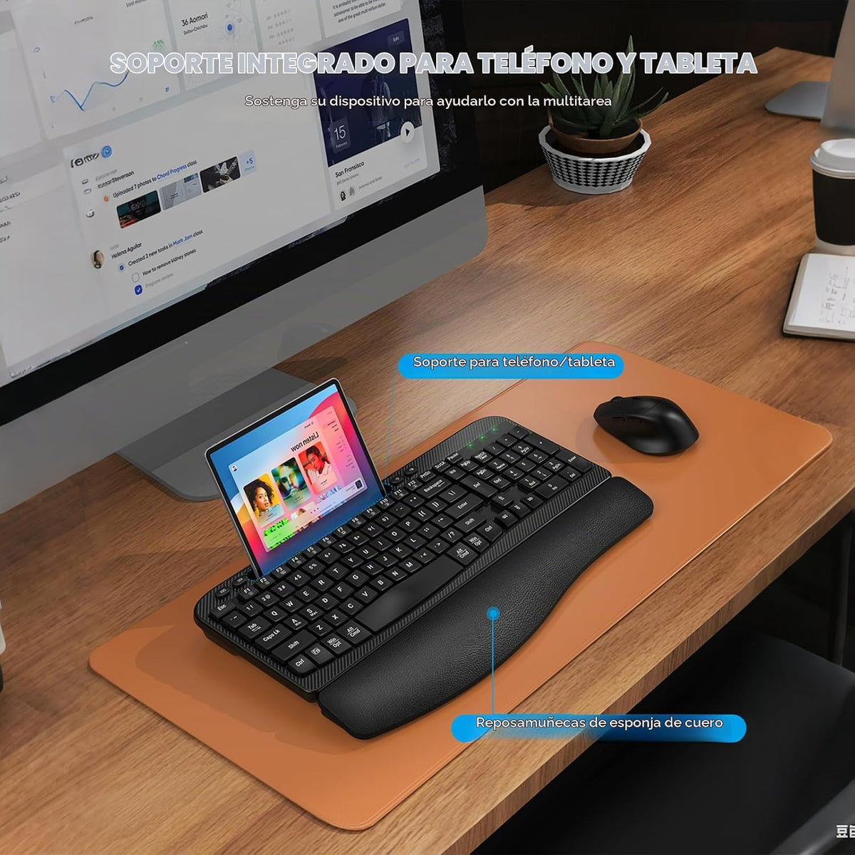 Juego de teclado y mouse inalámbrico, teclas de onda de tamaño comp...