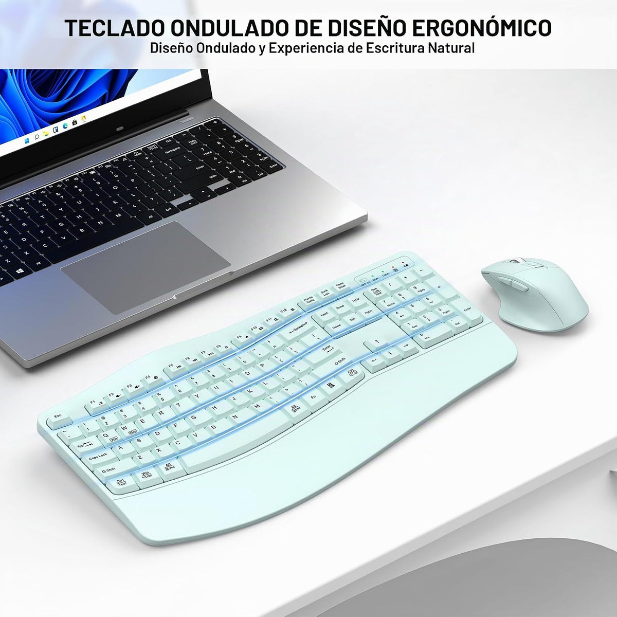 Combo de teclado y mouse inalámbricos, teclas onduladas de tamaño c...