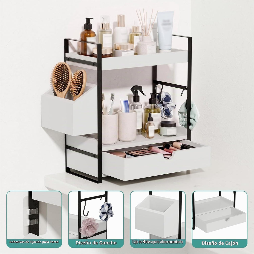 Kottwca Organizador de mostrador de baño de 2 niveles con cajón, ce...