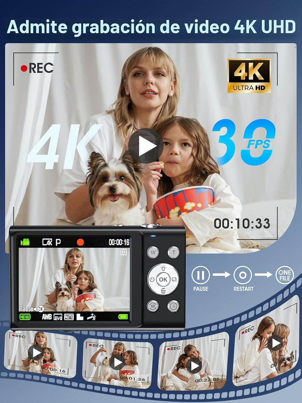 Cámara digital, cámara de videoblogs 4K con enfoque automático para...