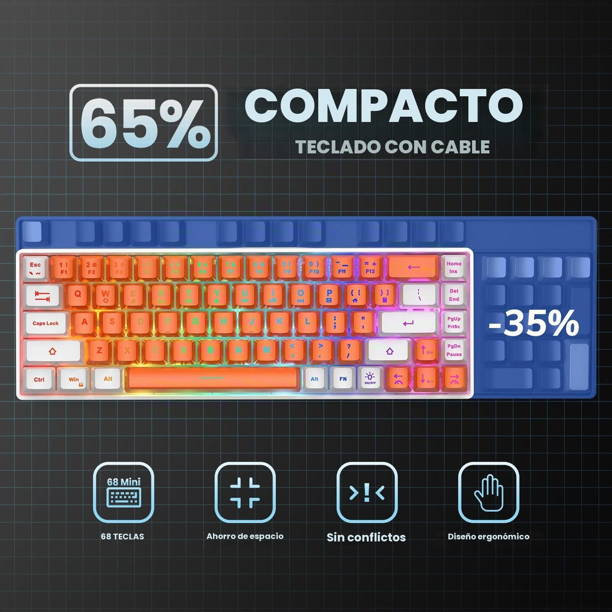 GEODMAER Teclado para juegos 65%, mini teclado con cable retroilumi...