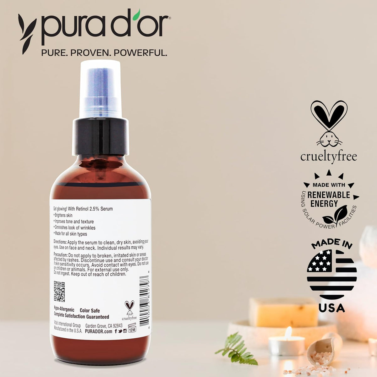 PURA D'OR Suero facial de retinol tratamiento nocturno para ton...