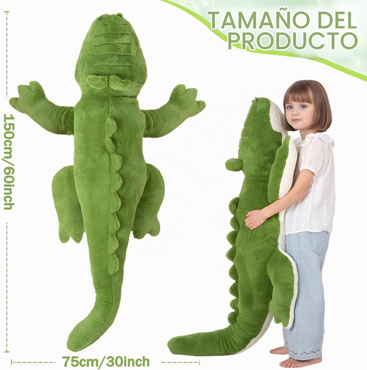 FFxiong Peluche de Cocodrilo Gigante Verde de 60 pulgadas, Juguete...
