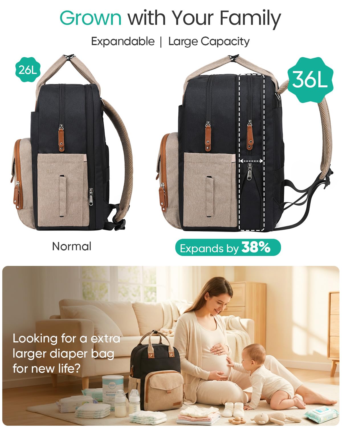 Qualyphant Mochila de pañales extragrande para 2 niños expandible 2...