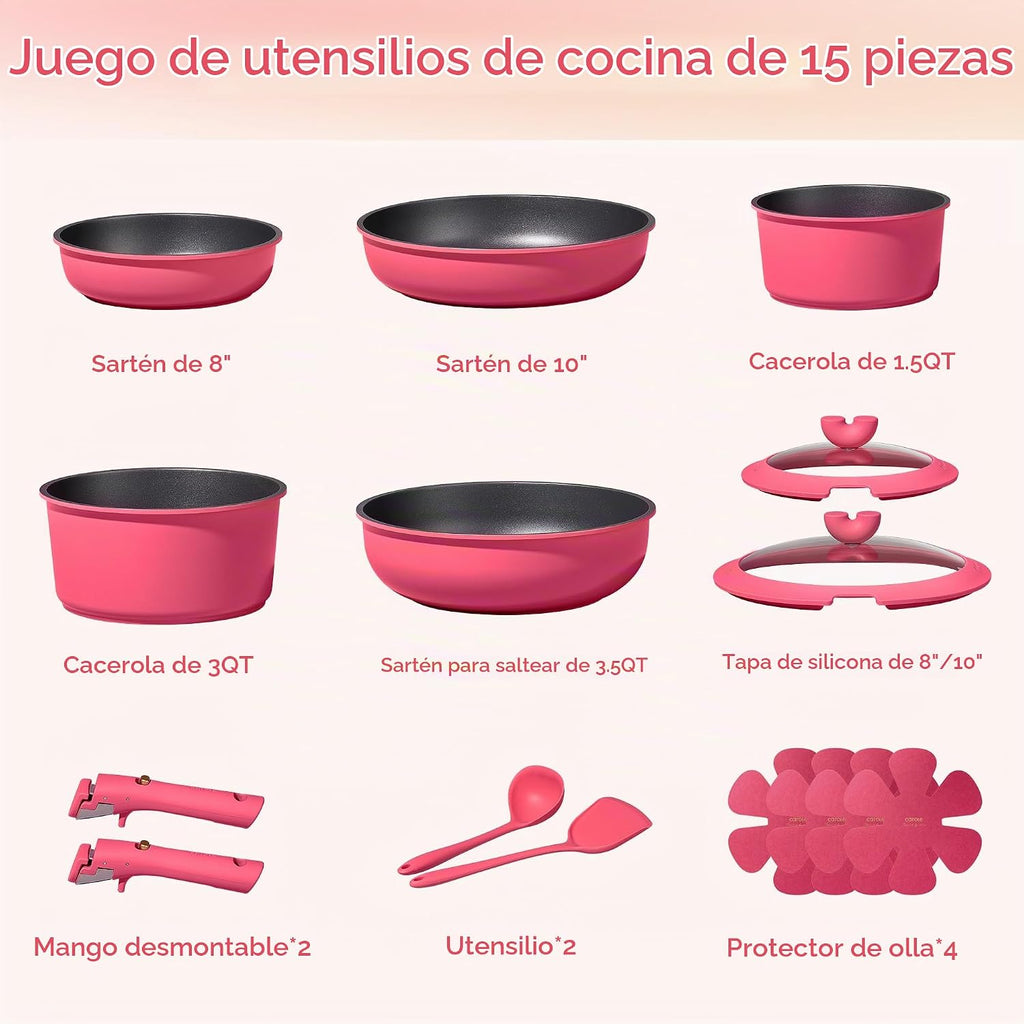 CAROTE Juego de 15 piezas de ollas y sartenes antiadherentes, juego...