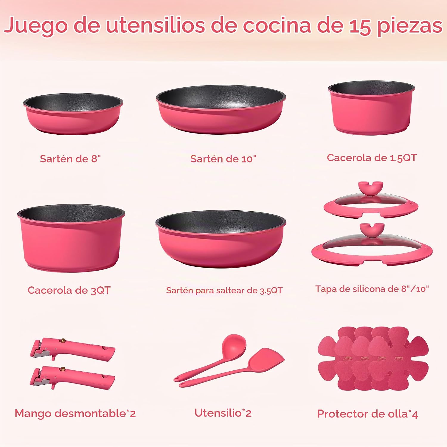 CAROTE Juego de 15 piezas de ollas y sartenes antiadherentes, juego...