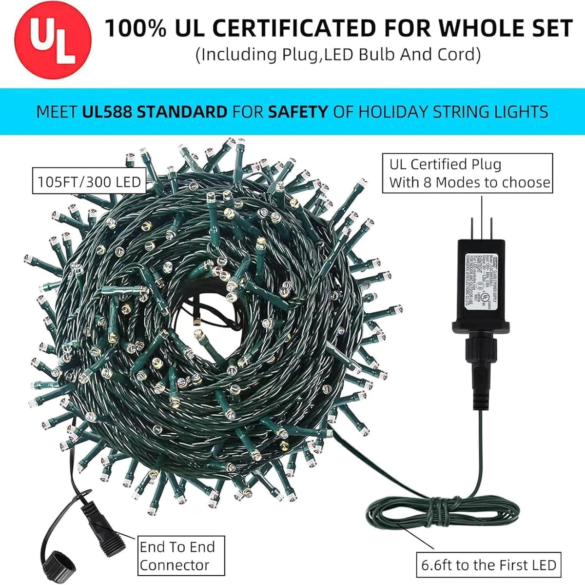 MZD8391 Luz navideña 300LED de 105 pies, luz para árbol de Navidad,...