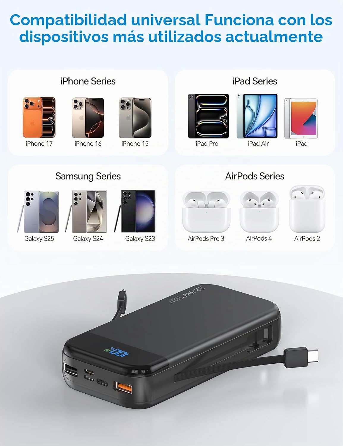 Banco de baterías para teléfono 32000 mAh 22,5 W con cables integra...