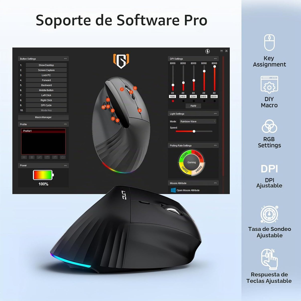 LTC GM051 Ratón ergonómico vertical inalámbrico \u2013 8K DPI óptic...