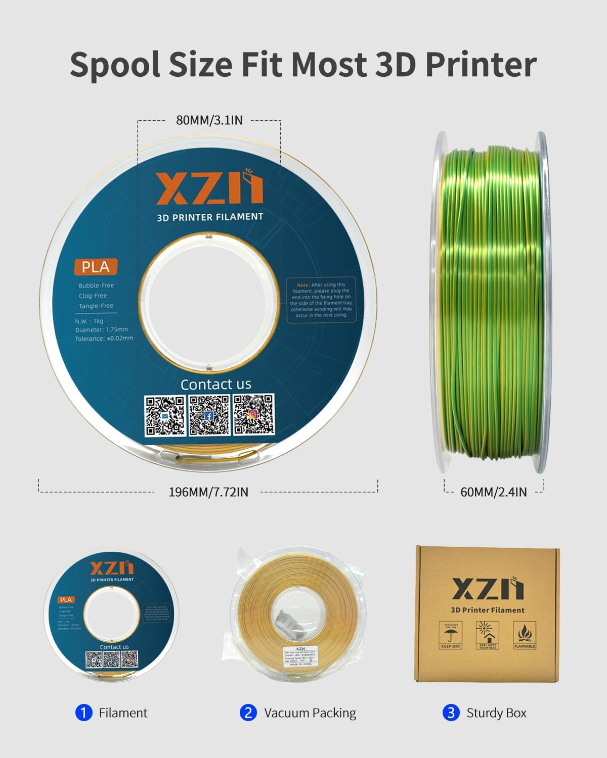 XZN Filamento PLA de Seda 1.75mm de Doble Color Amarillo Verde 1KG,...