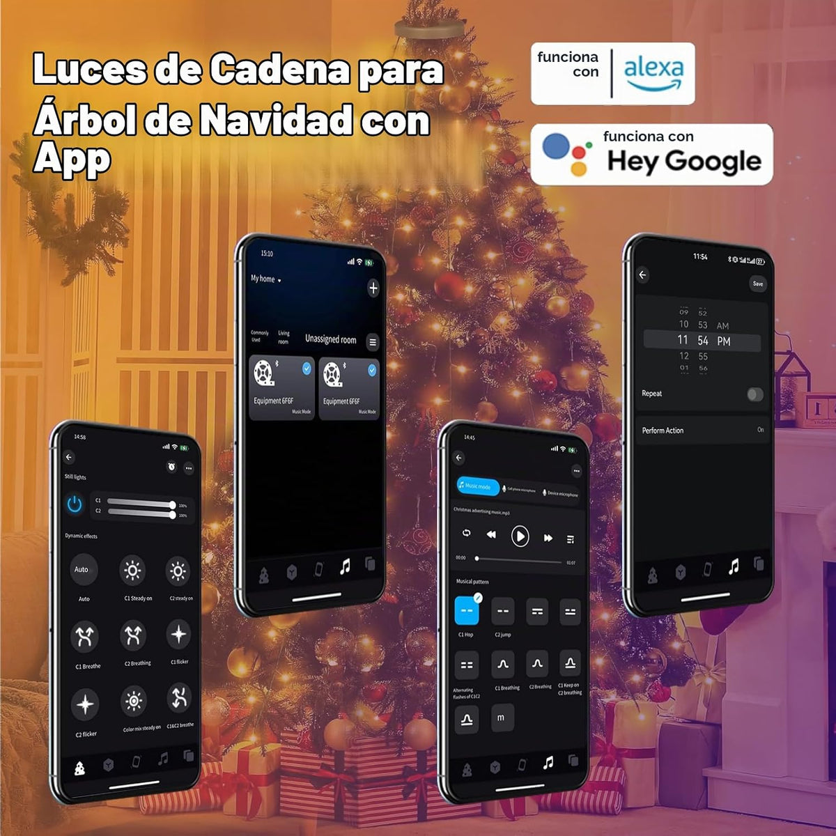 Dreicht Luces inteligentes para árbol de Navidad con anillo, contro...