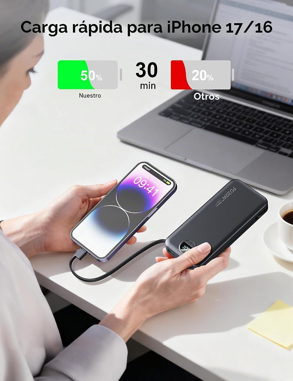 Cargador portátil Power Bank 10000mAh con cables integrados y enchu...