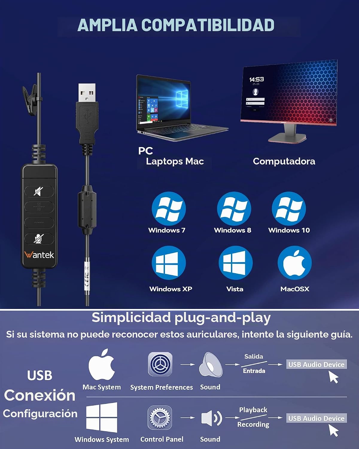 Wantek Auriculares USB con cable con cancelación de ruido y control...