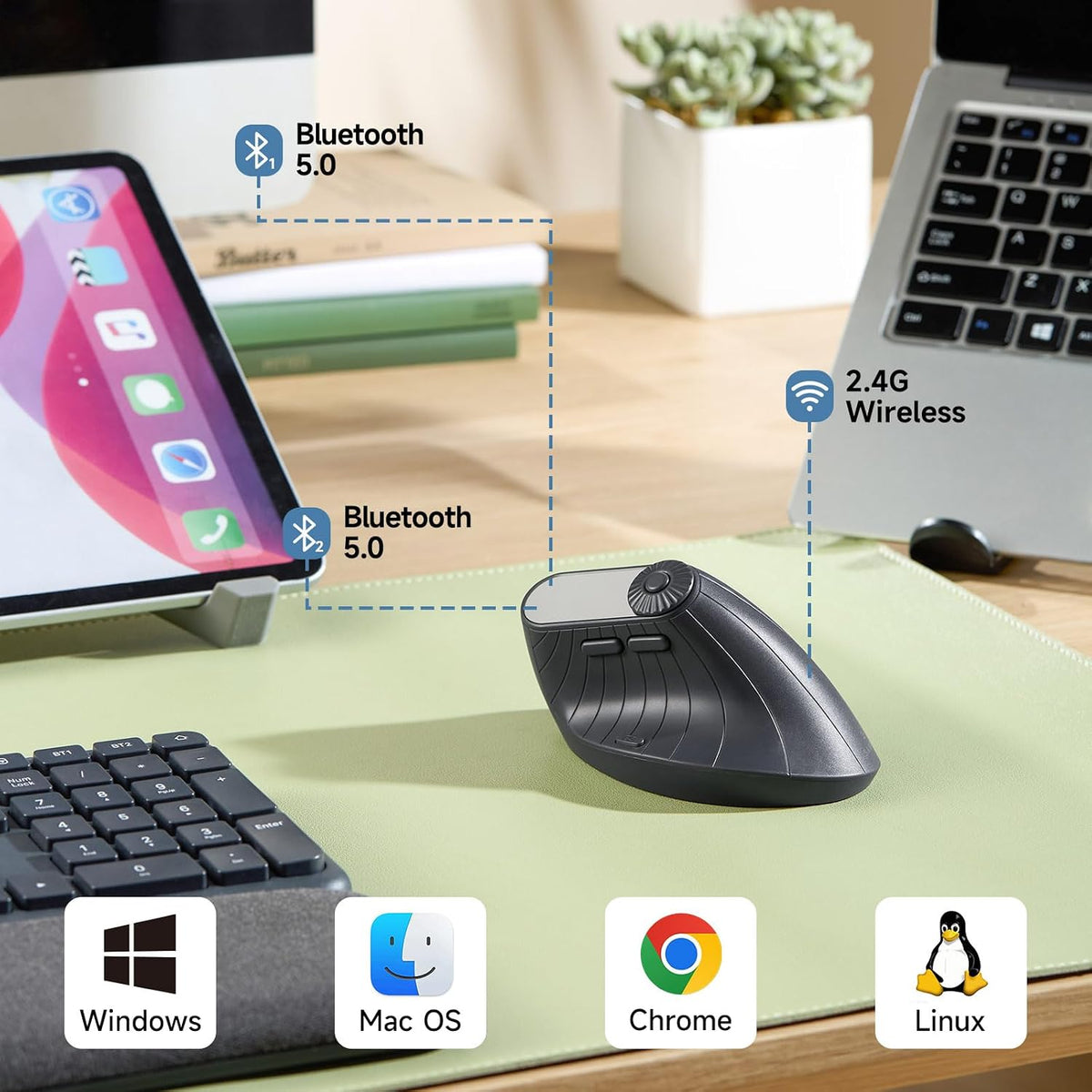 SANWA Ratón vertical ergonómico de 3 dispositivos con pantalla LED...