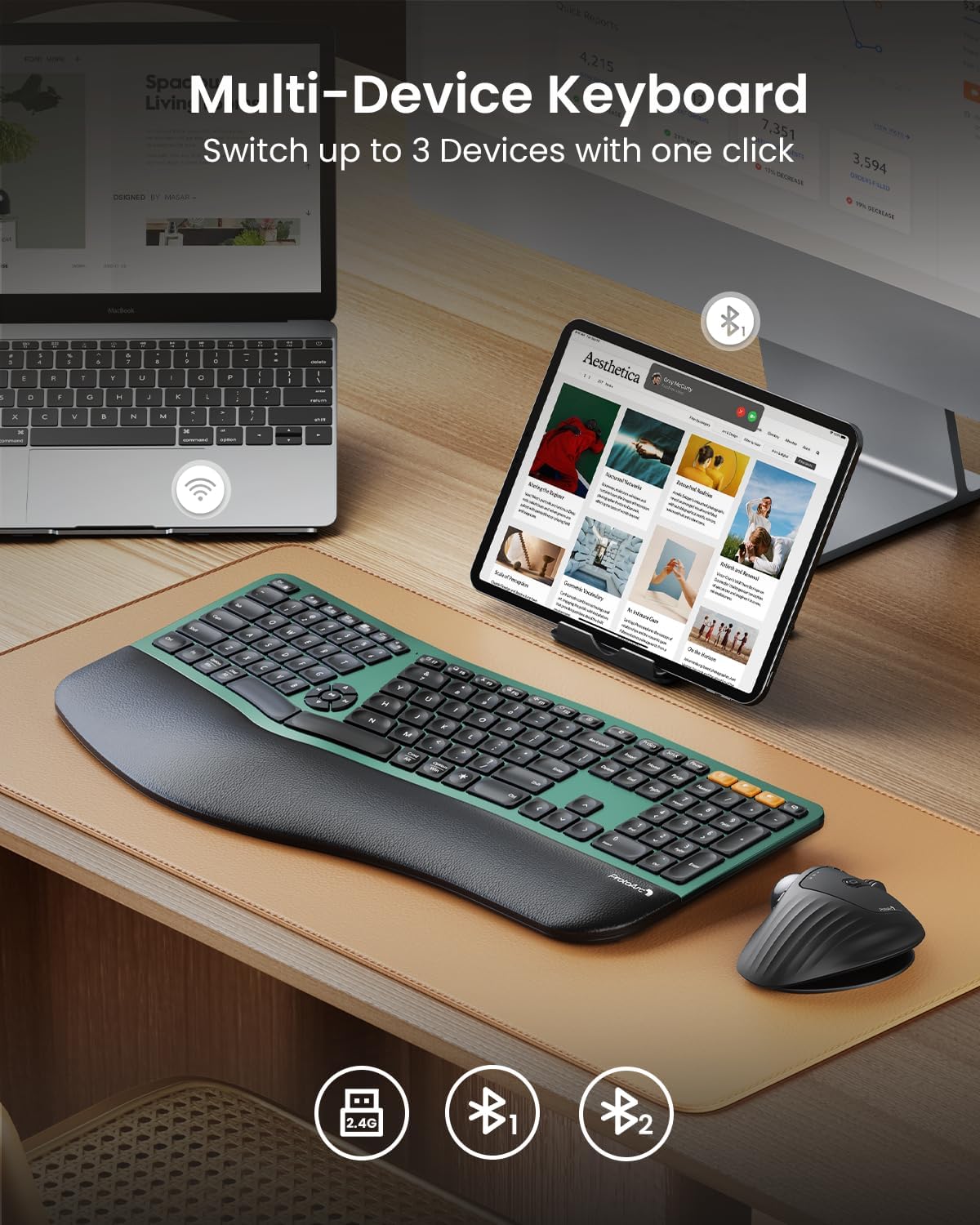 ProtoArc EK01 Plus Teclado ergonómico Bluetooth retroiluminado verd...