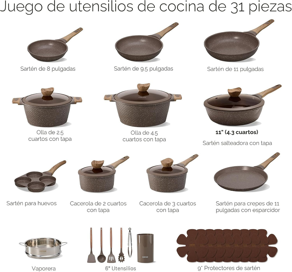 CAROTE Juego de ollas y sartenes de 31 piezas, juegos de utensilios...