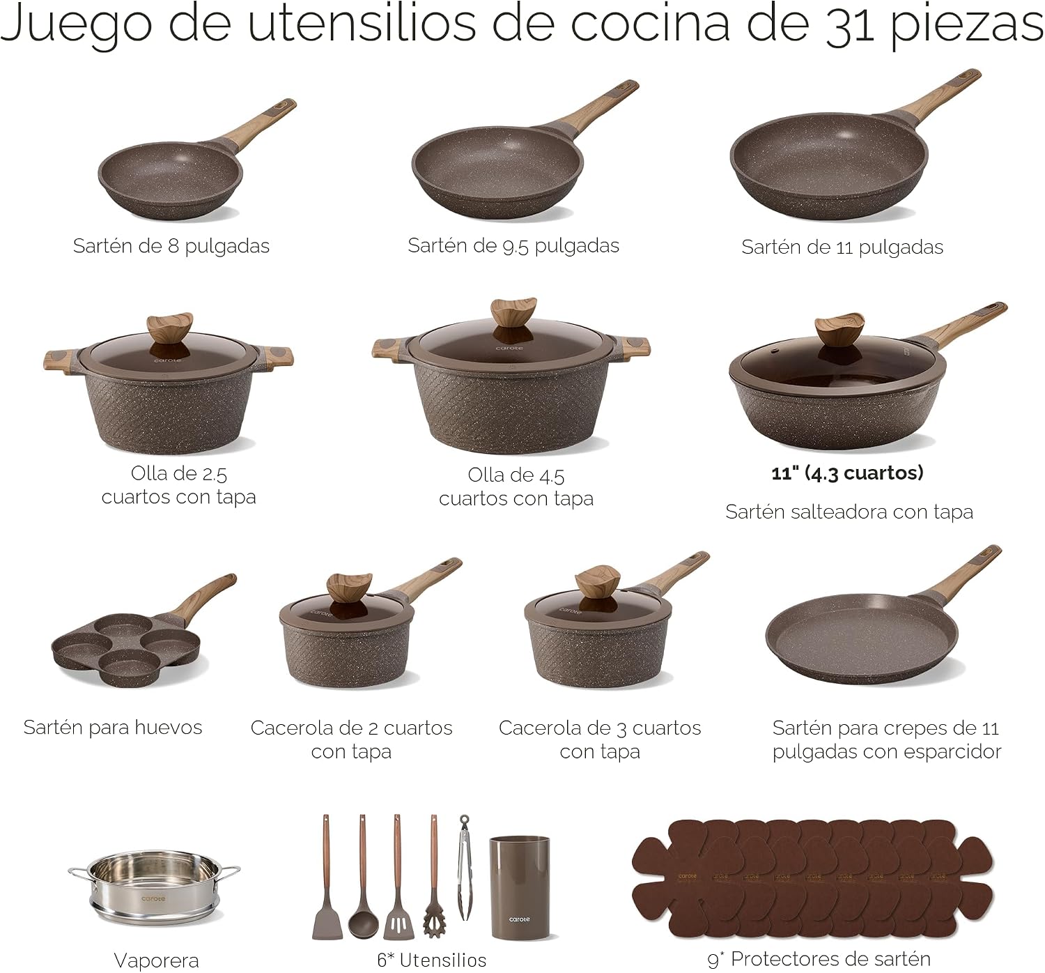 CAROTE Juego de ollas y sartenes de 31 piezas, juegos de utensilios...