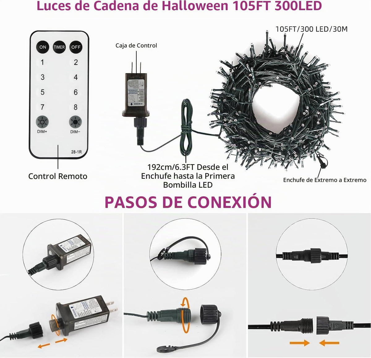 VTECHOLOG - 300 luces LED moradas y naranjas para árbol de Navidad,...