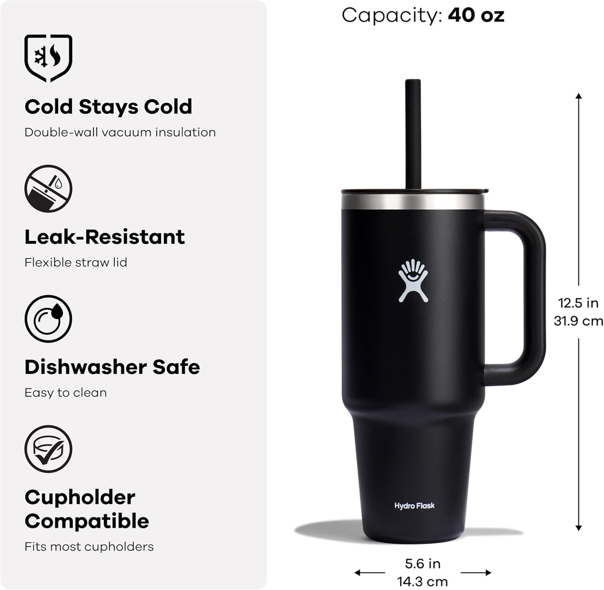 Hydro Flask Vaso de viaje con asa, tapa y pajita, acero inoxidable...