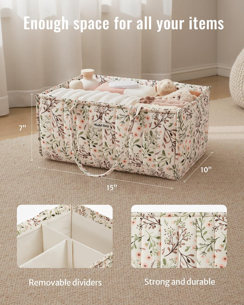Blissful Diary Organizador de pañales con flores, elegante cesta de...
