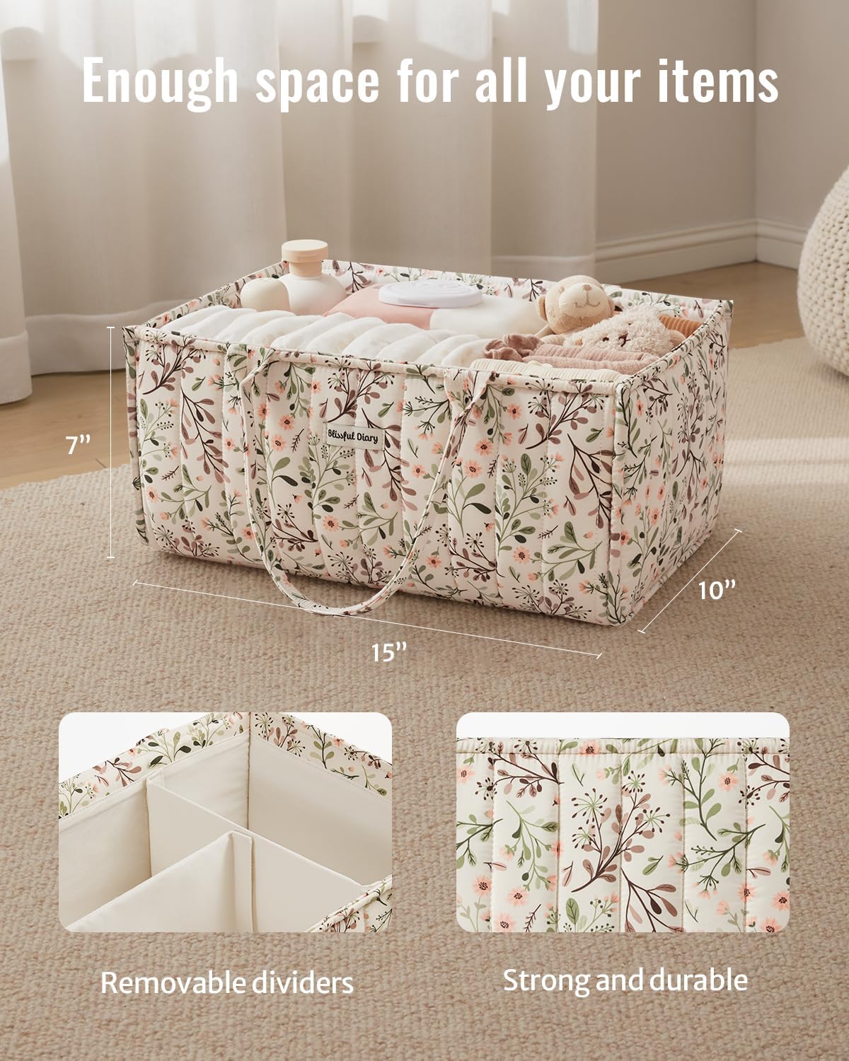 Blissful Diary Organizador de pañales con flores, elegante cesta de...