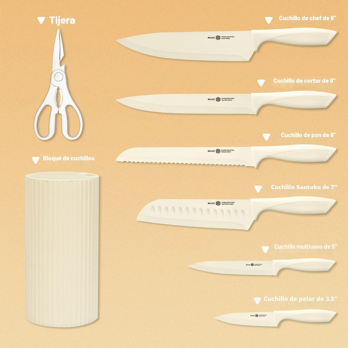 NULAS Juego de cuchillos de cocina de 8 piezas con bloque universal...