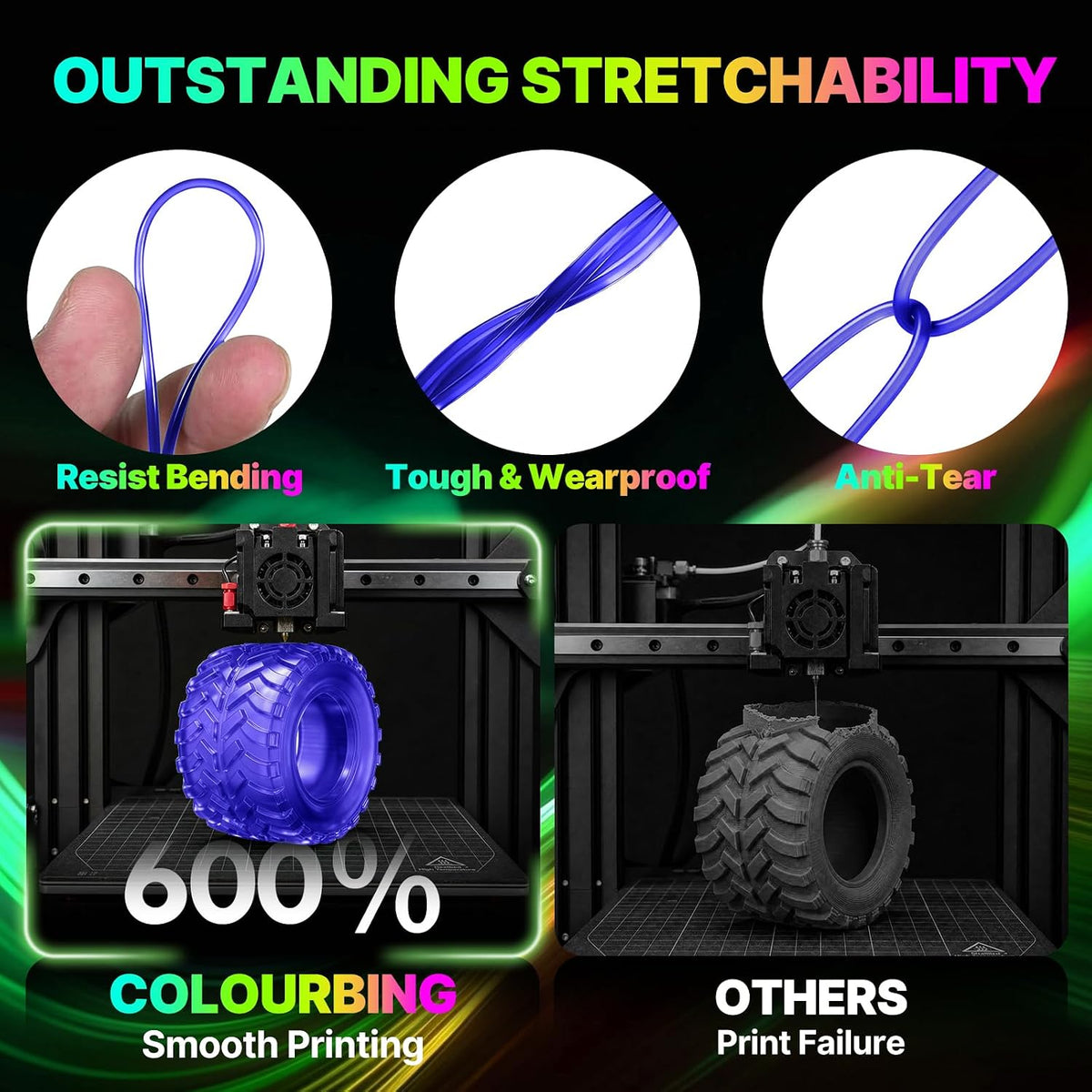 Colourbing Filamento flexible de TPU 95A para impresora 3D, suave y...