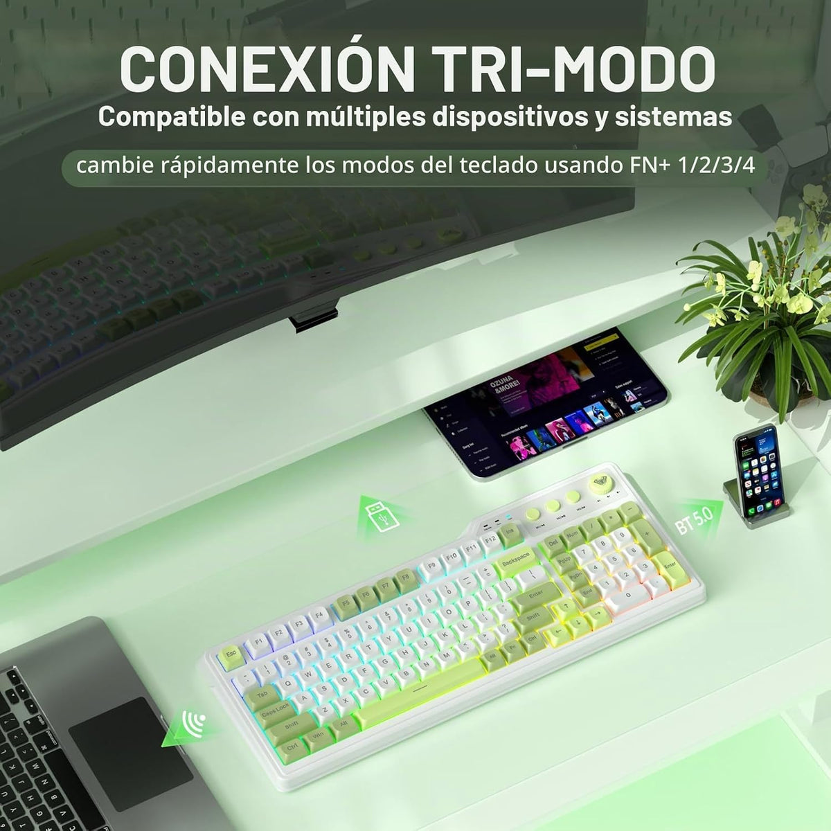 Teclado inalámbrico Aula F3099 con mando multimedia, teclado tri-mo...