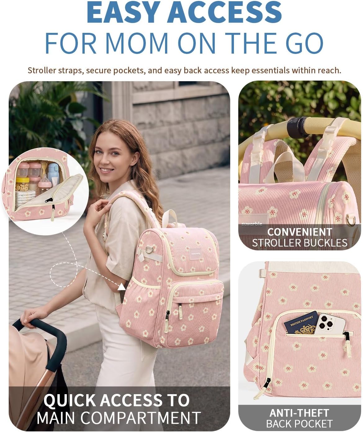 suwarble Mochila grande de pana para pañales para mamá, mochila de...