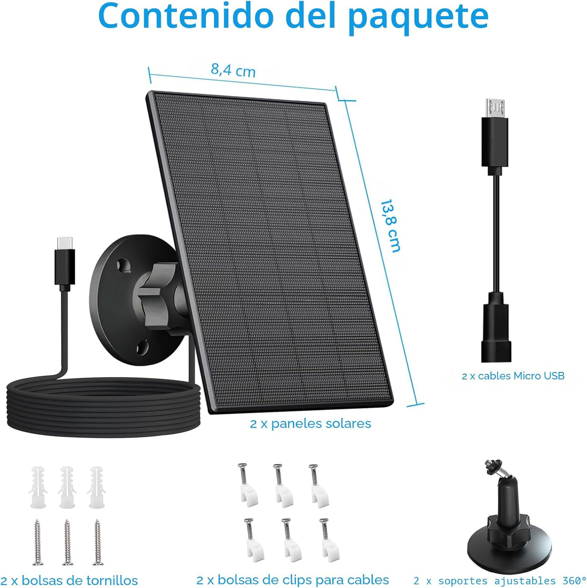 VUEBEE Panel solar de 2 W para cámaras de seguridad, USB-C\/Micro U...